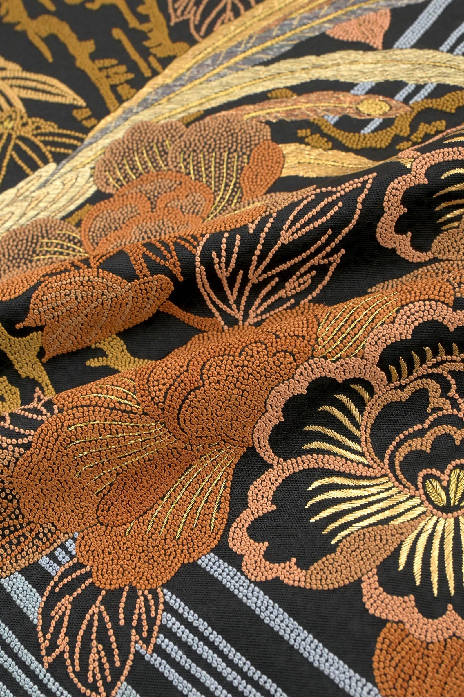 Close detail of dense embroidery on black fabric